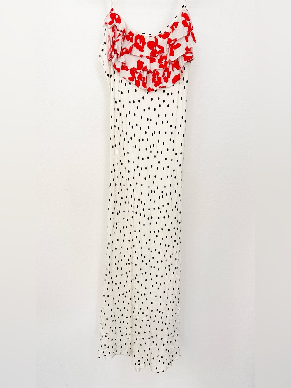 RIXO White Maxi Dress with Black Polka Dots and Red Floral Ruffle